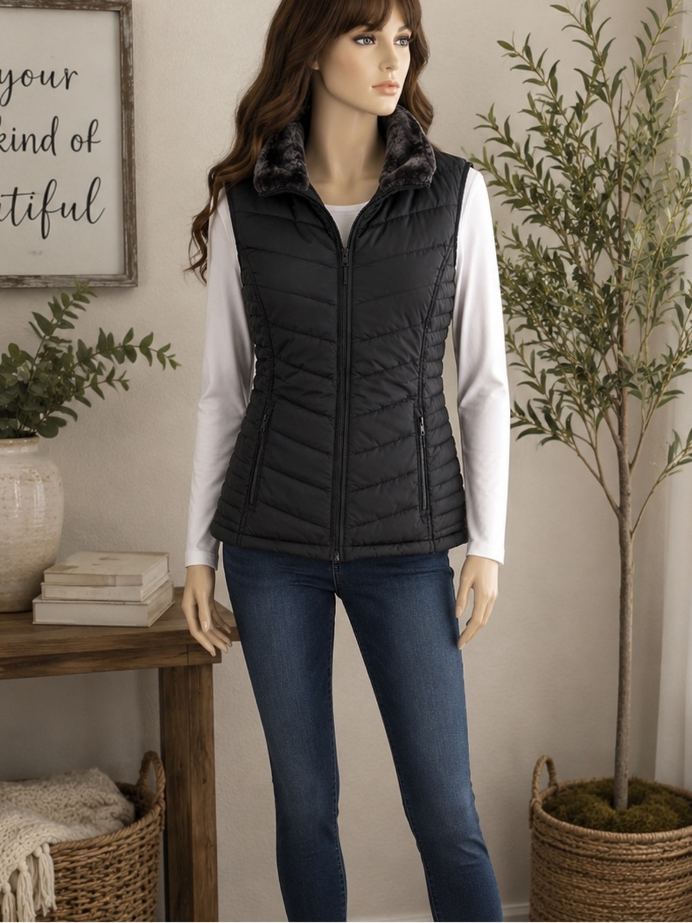 Weatherproof Women’s Black Quilted Puffer Vest Faux Fur Lined Full Zip